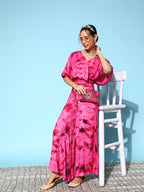 InWeave Women's Magenta Tie And Dye New Neckline Top Culottes Set | Grocsy