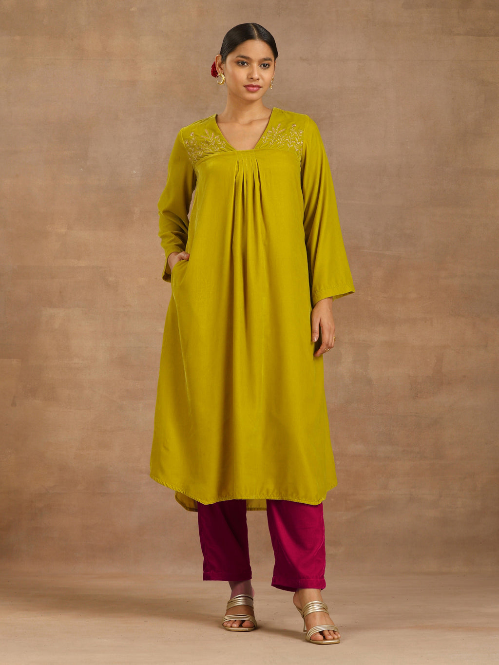 trueBrowns Lime Velvet Yoke Embroidered Kurta | Grocsy