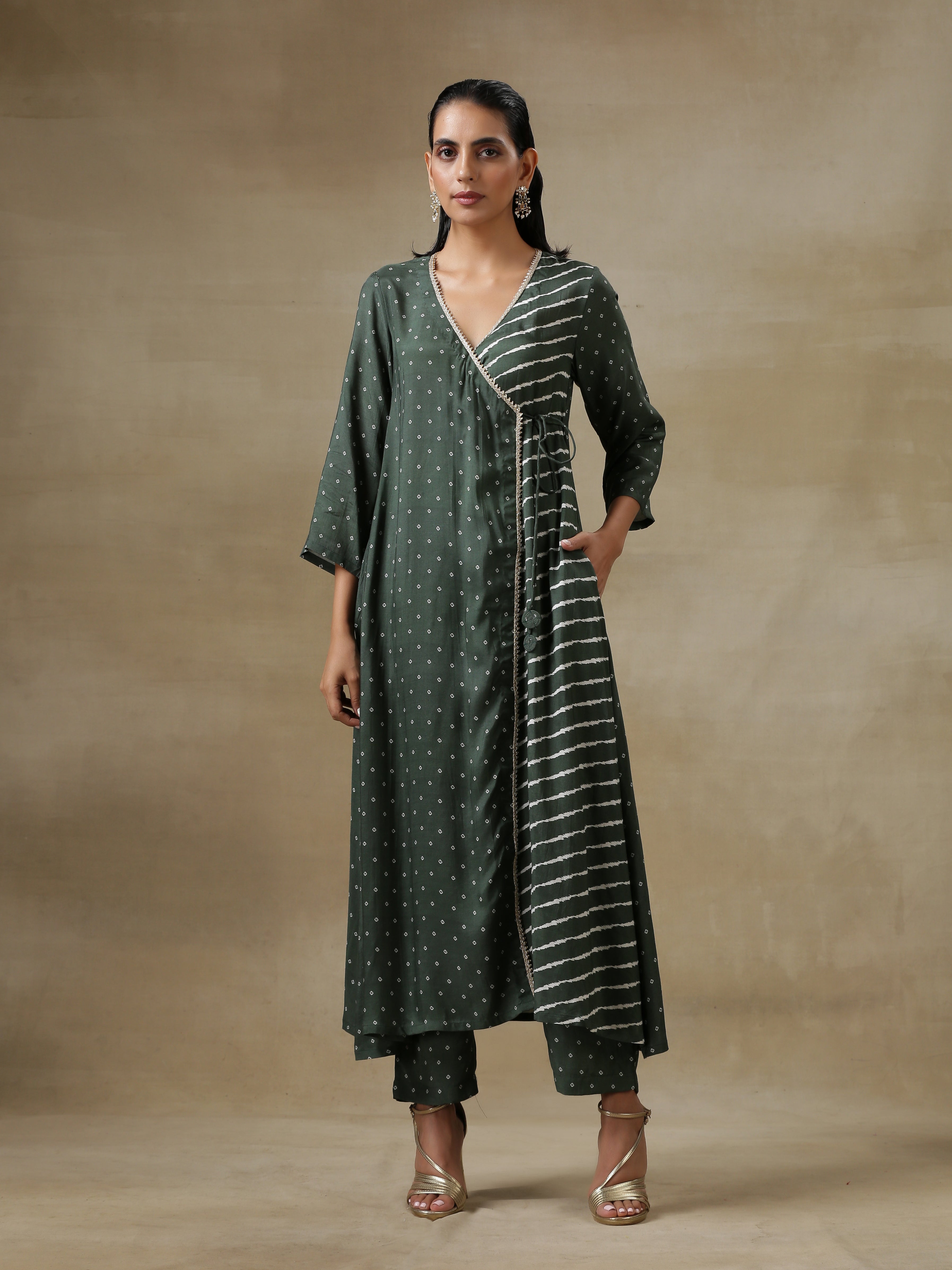 trueBrowns Dark Green Bandhani Printed Silk Angrakha Kurta Pant Set | Grocsy