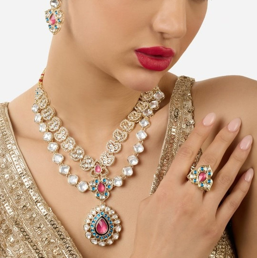 Jewel City Designer Kundan Necklace Set with Earrings & Ring | Gold-Plated Dual Layer Bridal Jewelry | Grocsy