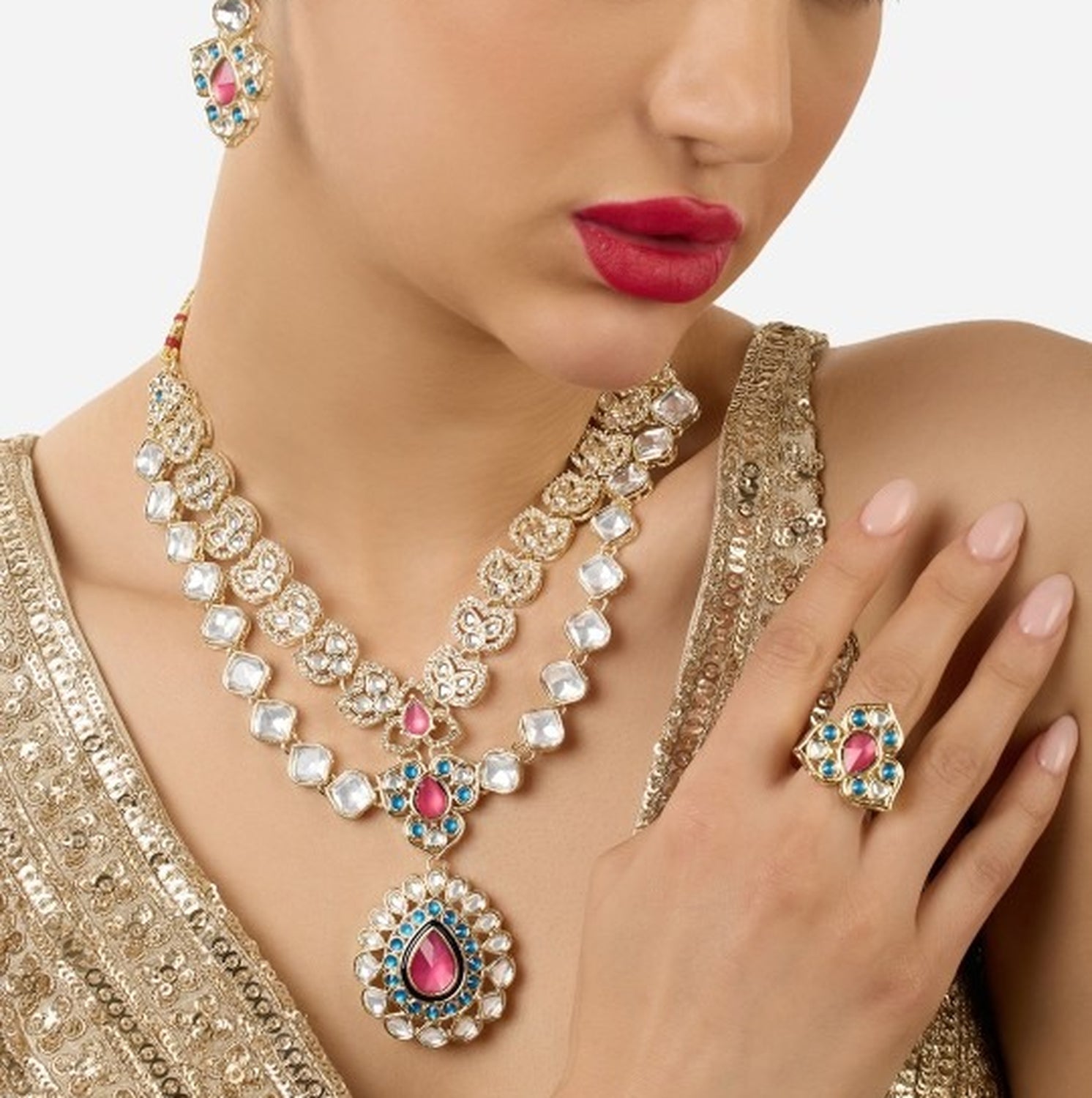 Jewel City Designer Kundan Necklace Set with Earrings & Ring | Gold-Plated Dual Layer Bridal Jewelry | Grocsy