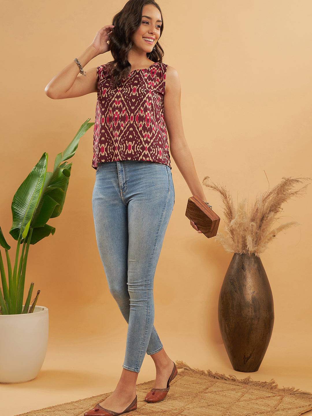 InWeave Wine Ikkat Print W/U Top | Grocsy