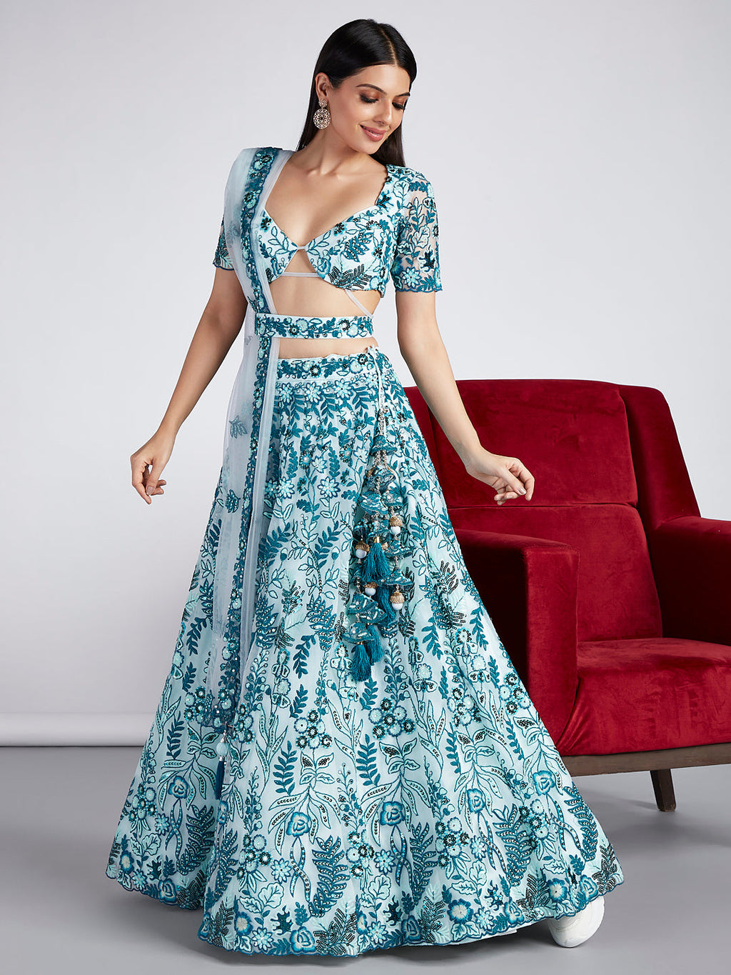 House of Panchhi Turquoise Blue Net Sequins, Mirror And Thread Embroidery Lehenga Choli & Dupatta | Grocsy