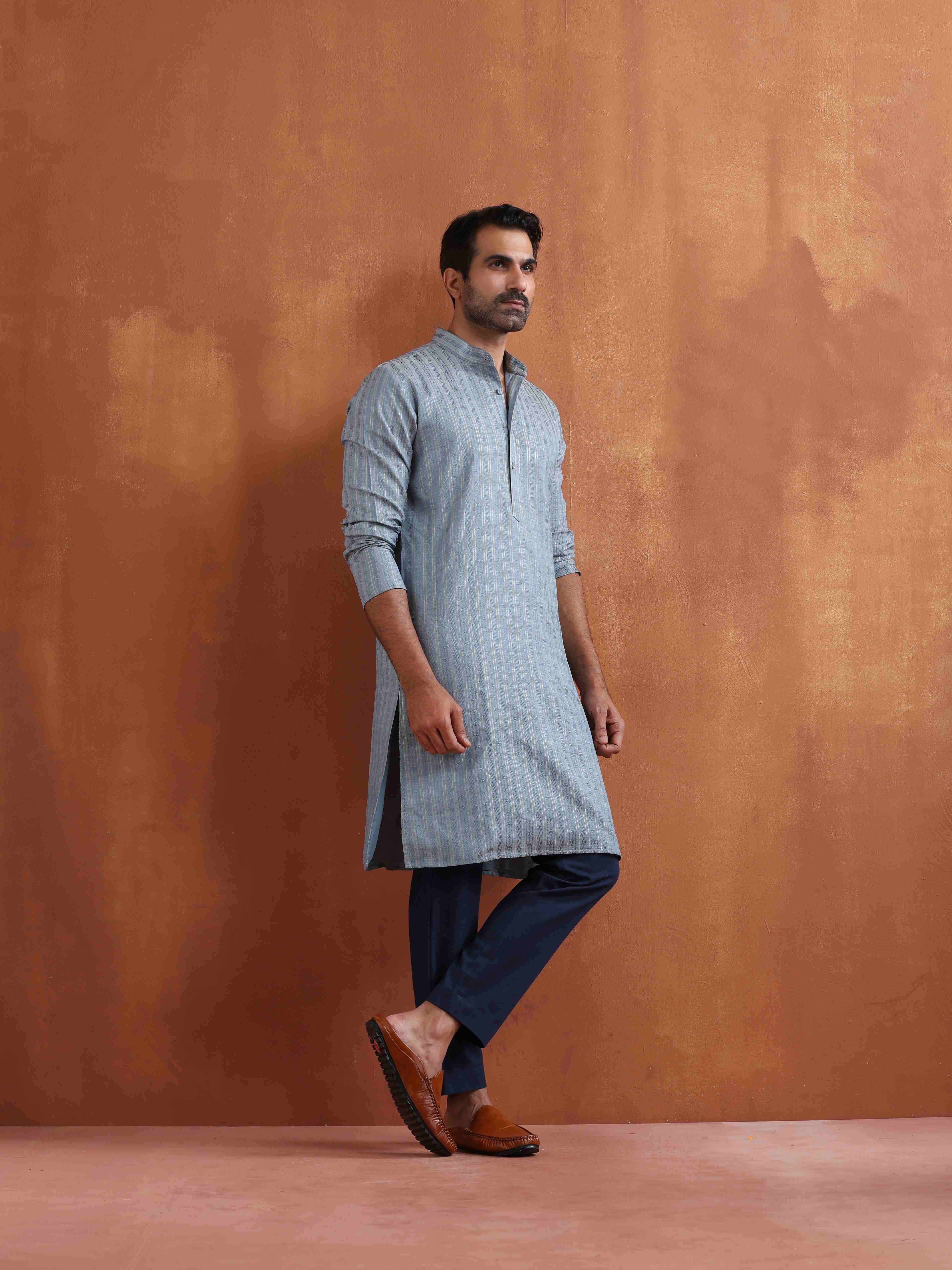 trueBrowns Men's Blue Chanderi Kurta | Grocsy