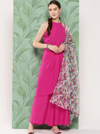 InWeave Women's Magenta Pleated Halter Kurta Palazzo Set W White Pink Or Dupatta | Grocsy
