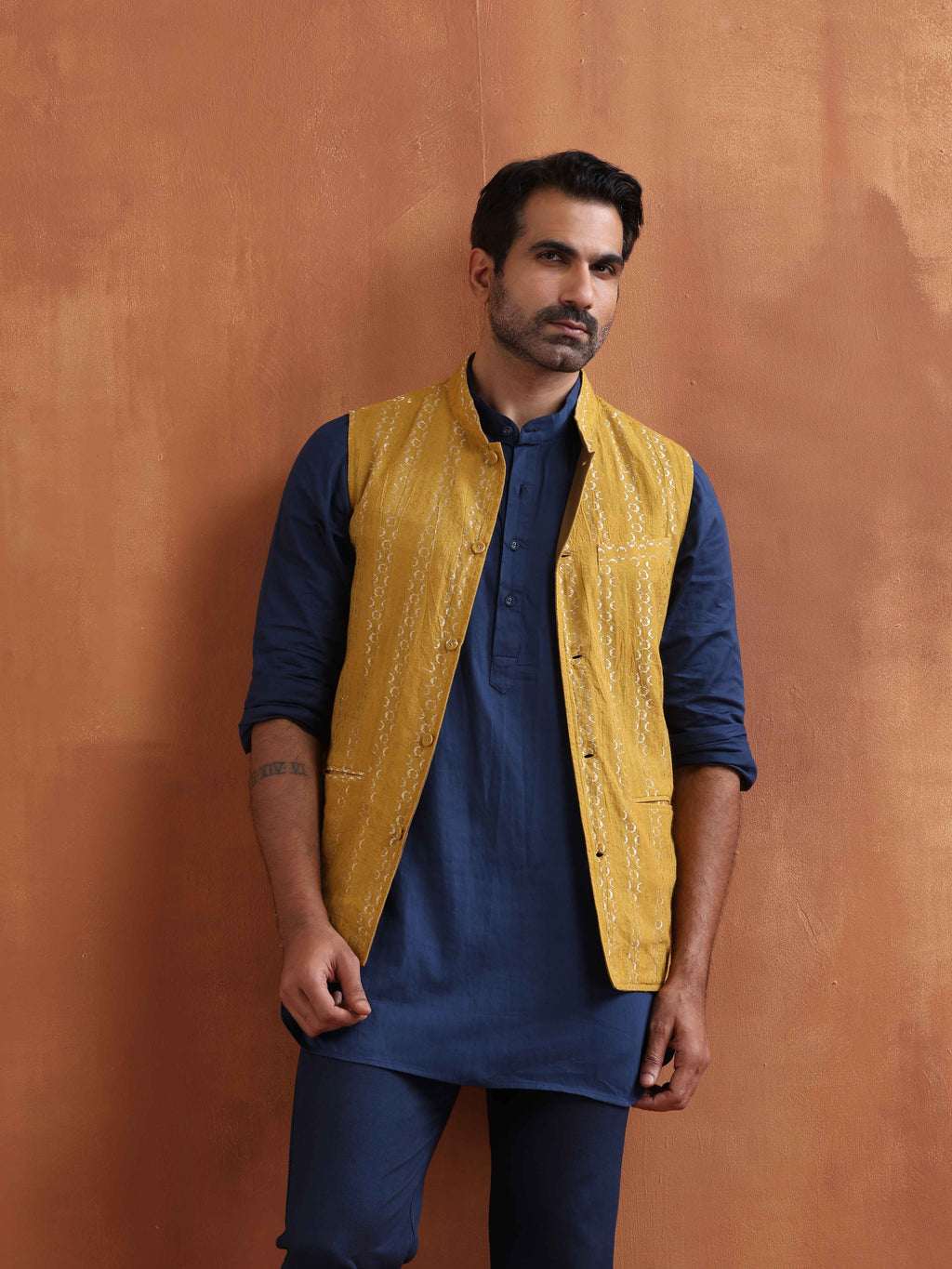 trueBrowns Men's Mustard Cotton Dobby Reversible Nehru Jacket | Grocsy