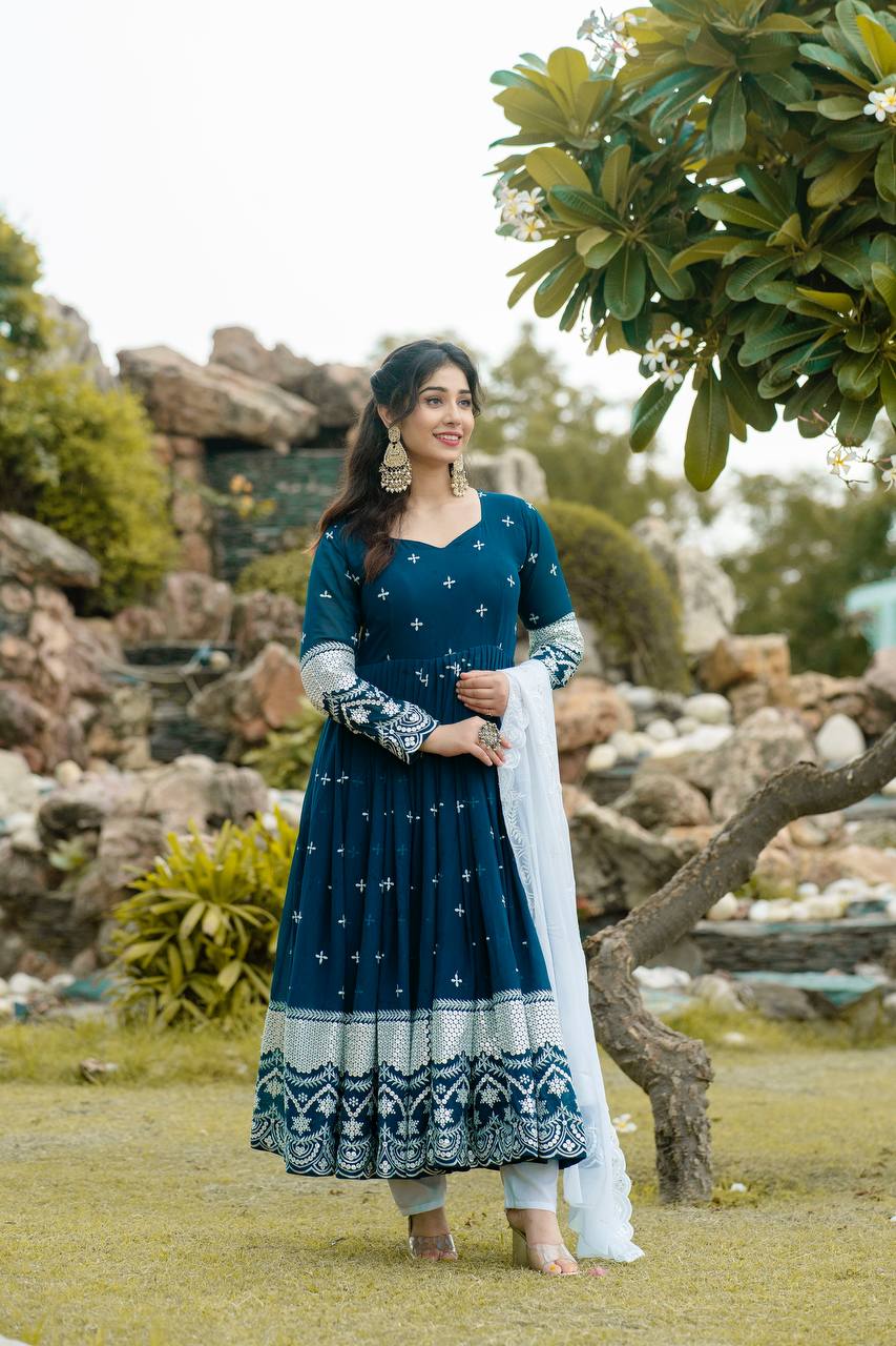 Yash Enterprise Navy Blue Fux Georgette With Emboidery Work Slwar Suits Stitched | Grocsy