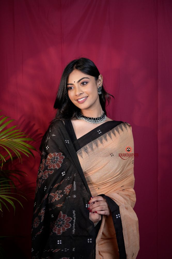 khanduapata Beige & Black Dot Design Cotton Saree For Women | Grocsy