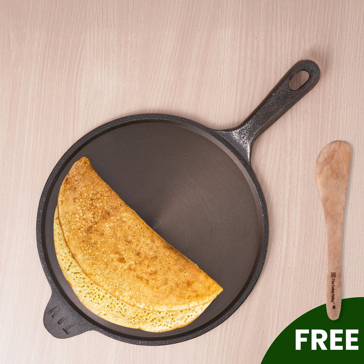 The Indus Valley Super Smooth Cast Iron Tawa, Long Handle,Pre-seasoned, Nonstick, 100% Pure, Toxin-free, Induction,Spatula, 25.4cm, 1.8kg | Grocsy