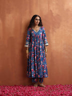 trueBrowns Blue Print Flared Anarkali Kurta Set | Grocsy
