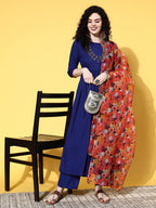 InWeave Women's Ink Blue Long Anarkali Kurta Set With Red Rose Organza Dupatta | Grocsy