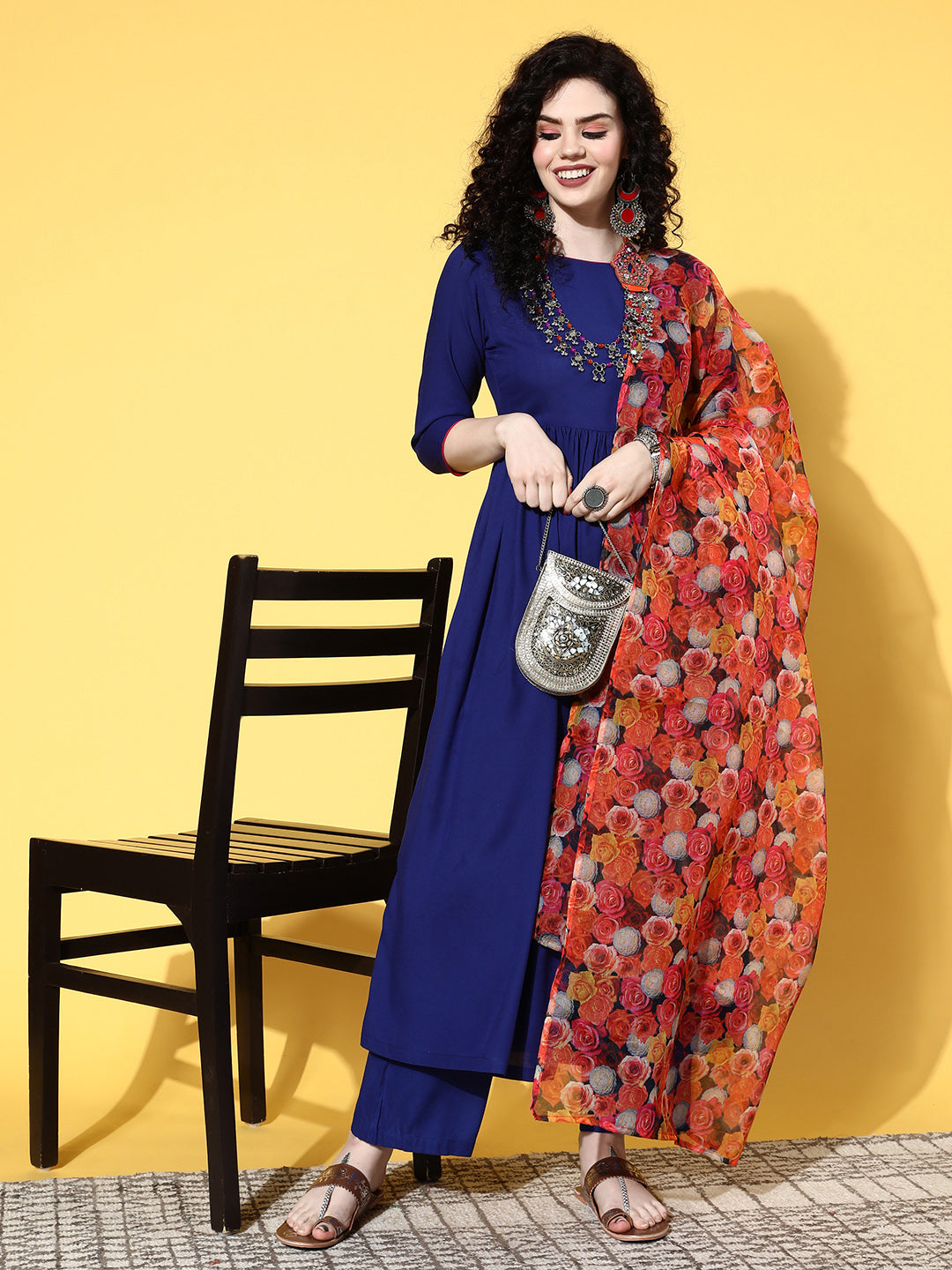InWeave Women's Ink Blue Long Anarkali Kurta Set With Red Rose Organza Dupatta | Grocsy