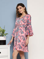 InWeave Women's Pink Floral Blue Bell Sleeve Dress | Grocsy