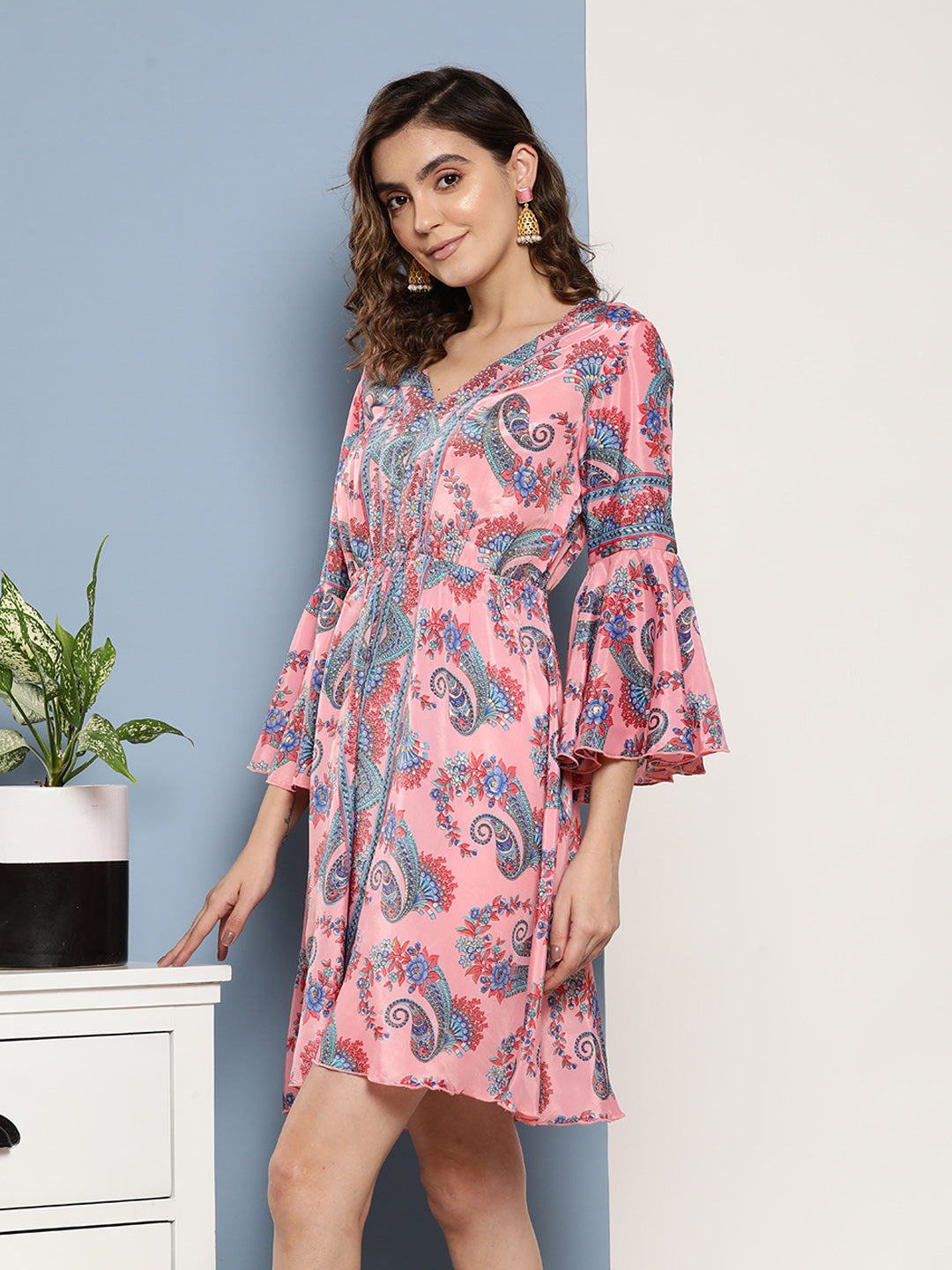 InWeave Women's Pink Floral Blue Bell Sleeve Dress | Grocsy