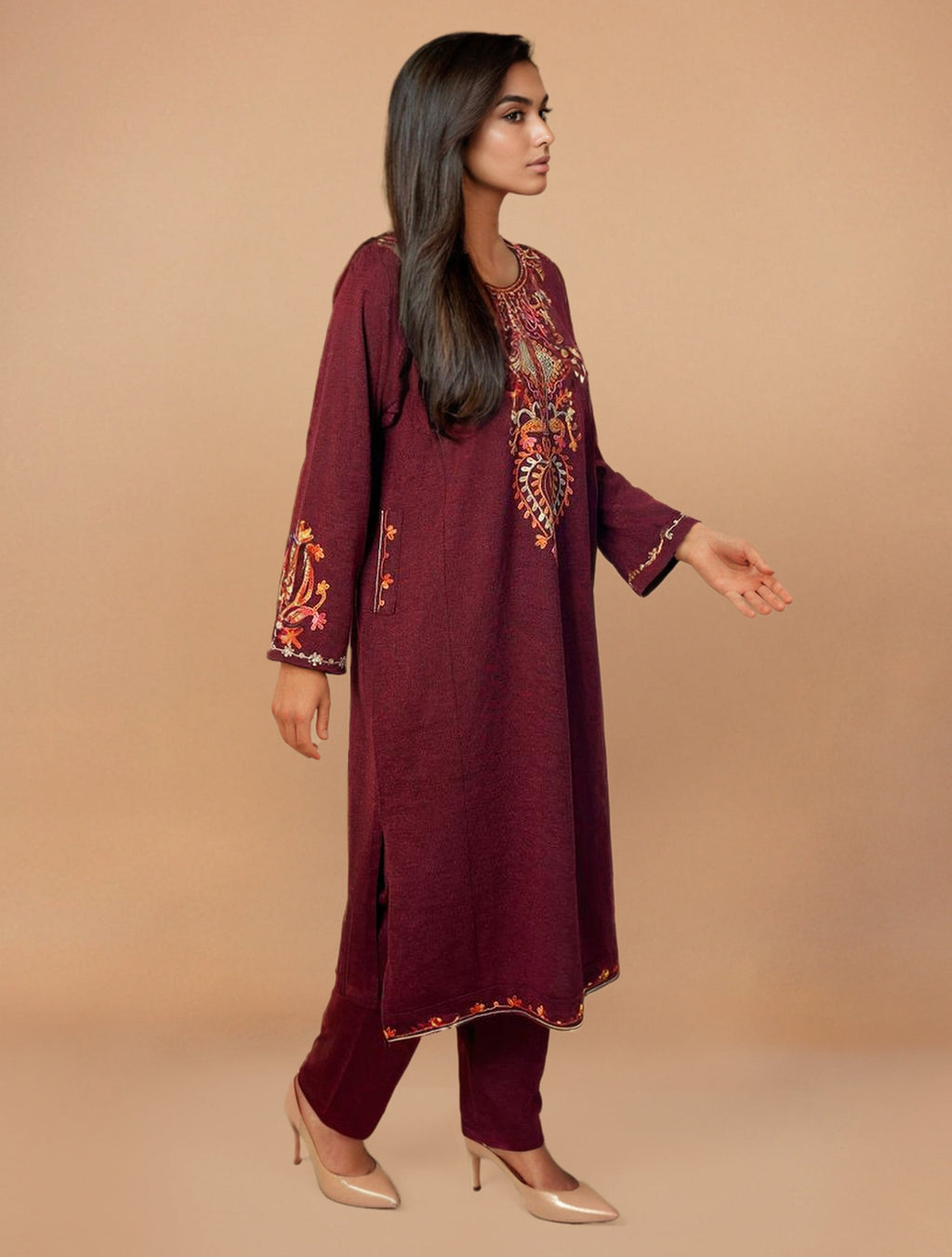 trueBrowns Maroon Embroidered Woollen Phiran Kurta Set | Grocsy