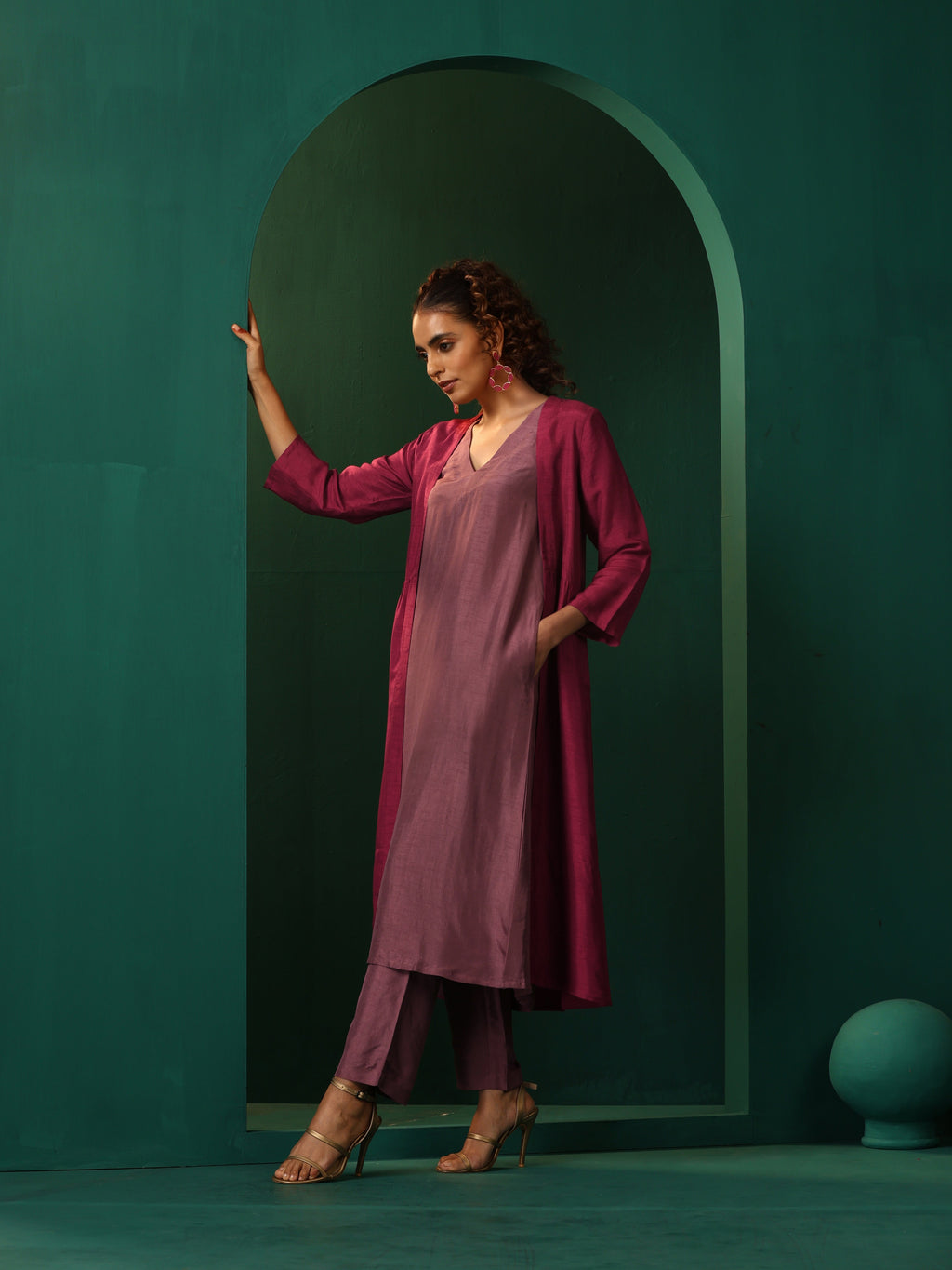 trueBrowns Maroon Light Mauve Silk Jacket Kurta Set | Grocsy