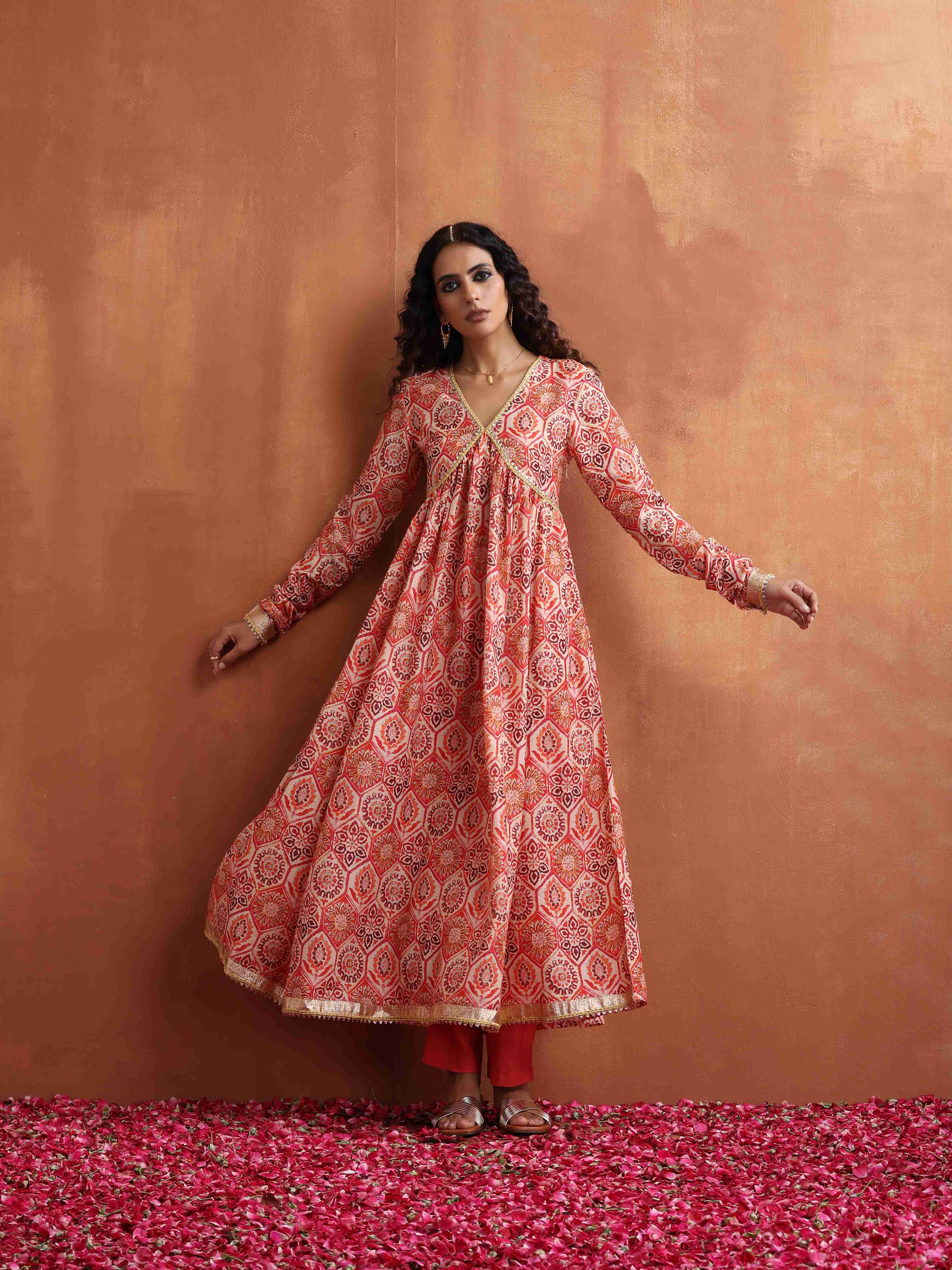 trueBrowns Beige Print Flared Anarkali Kurta Set | Grocsy
