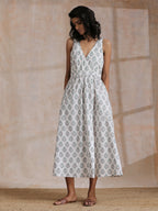 trueBrowns Green Buta On White Block Print Cotton Sleeveless Wrap Dress | Grocsy
