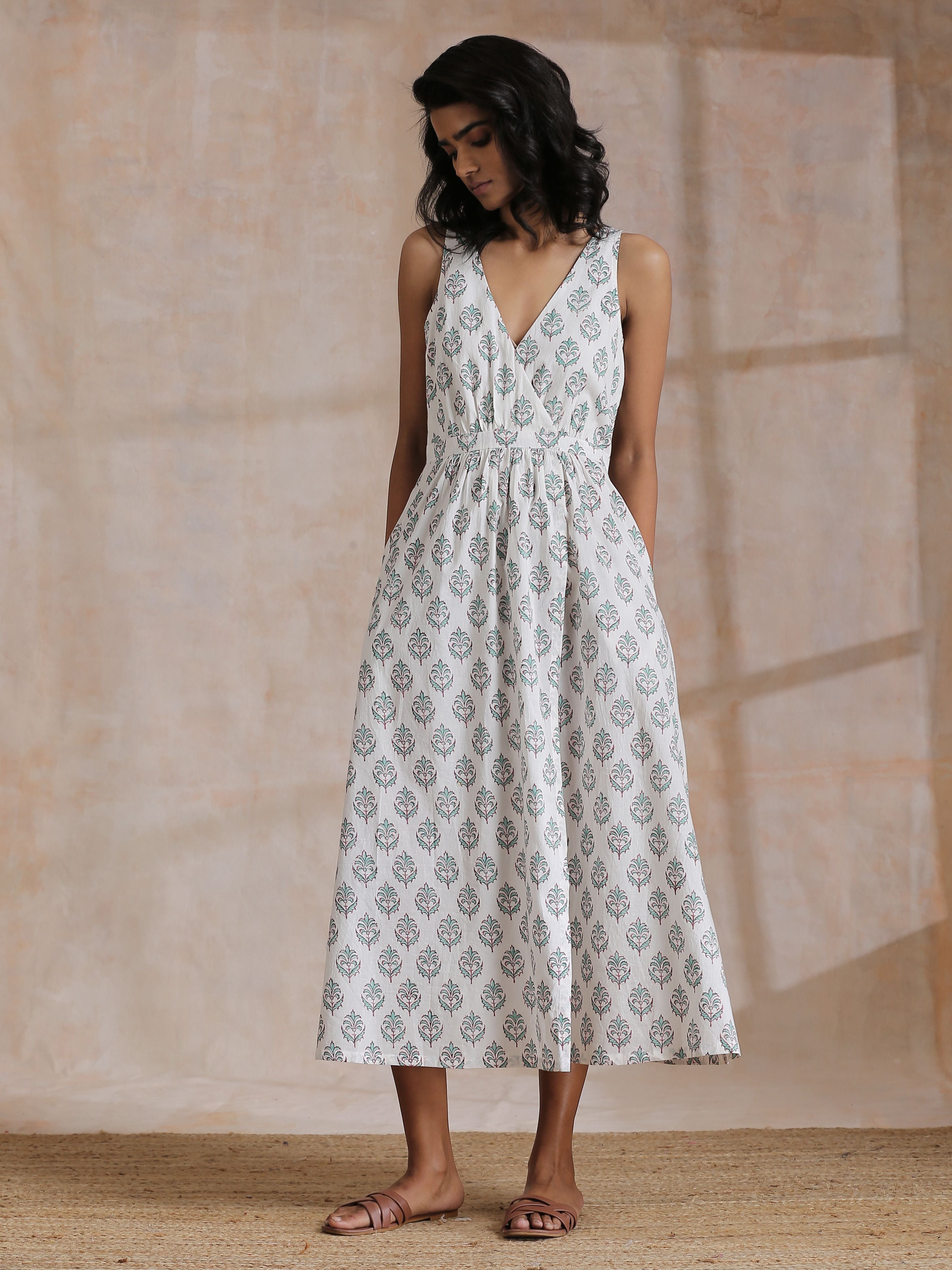 trueBrowns Green Buta On White Block Print Cotton Sleeveless Wrap Dress | Grocsy