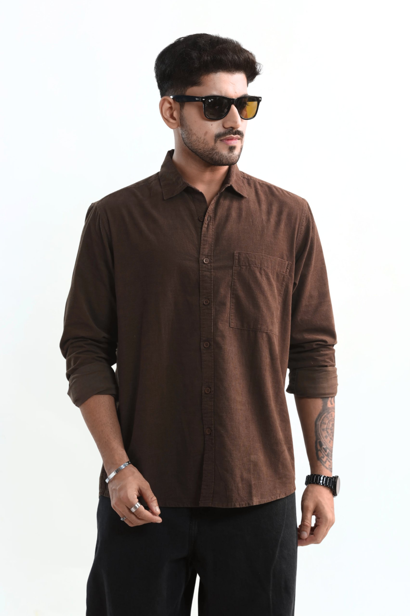 Xkind Men's Mocha Brown Fine Corduroy Regular Fit Shirt | Grocsy