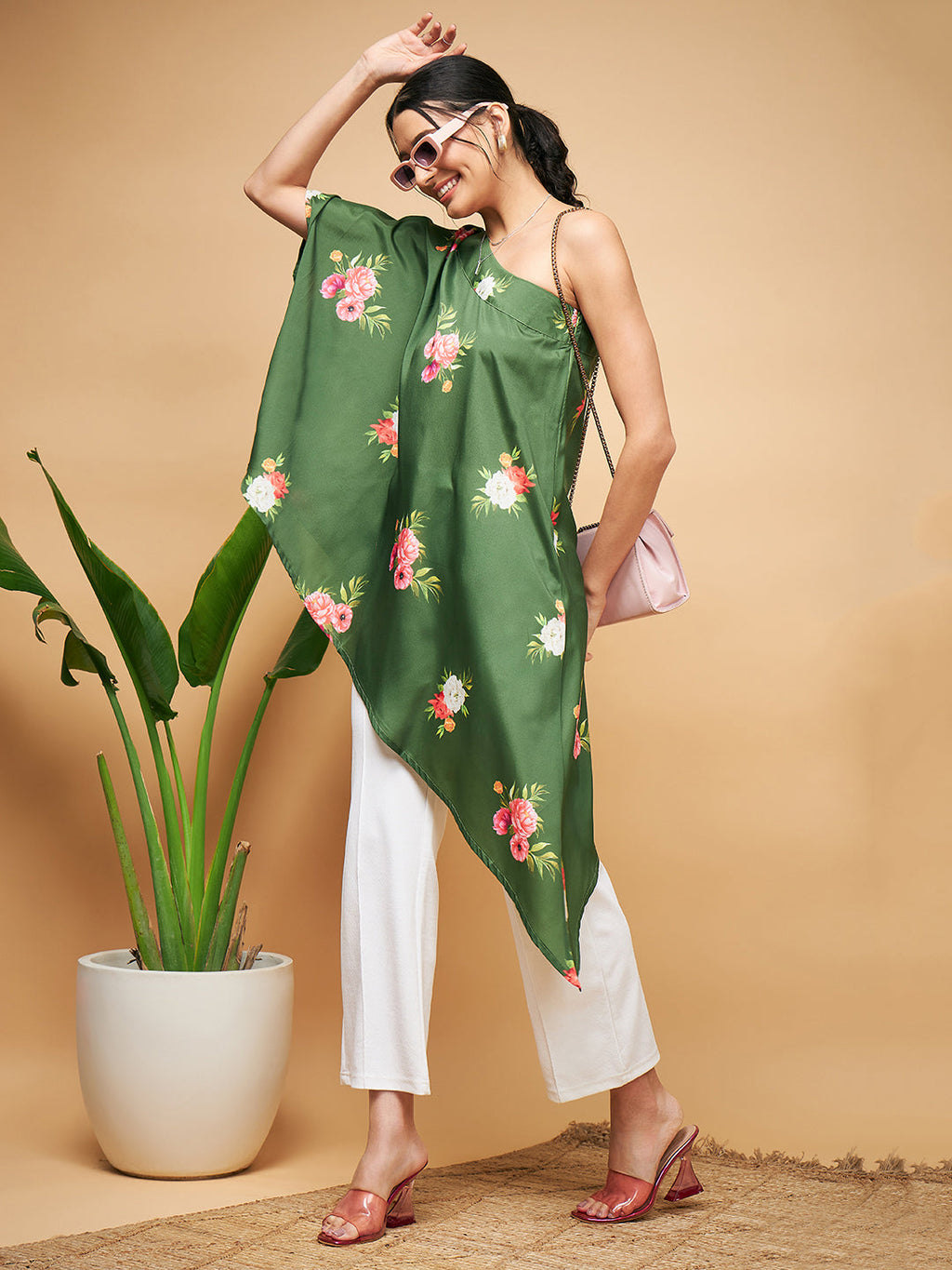 InWeave Women's Green Small Flower One Shoulder Kurta | Grocsy