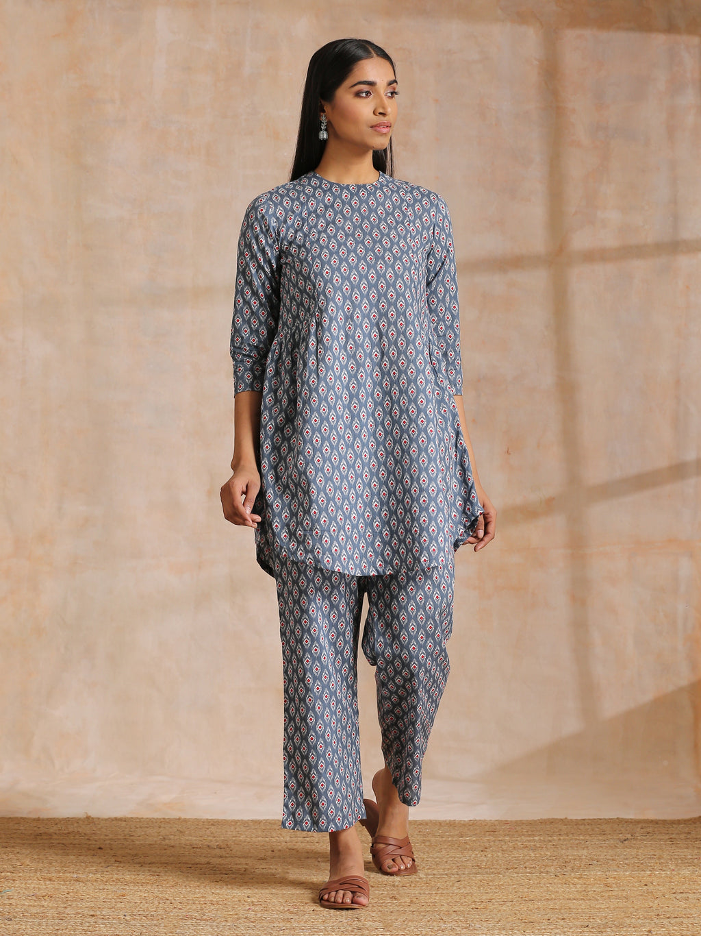 trueBrowns Steel Grey Ikat Print Cotton Gathers Co-Ord Set | Grocsy