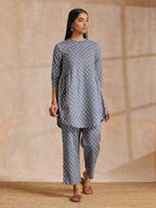 trueBrowns Steel Grey Ikat Print Cotton Gathers Co-Ord Set | Grocsy
