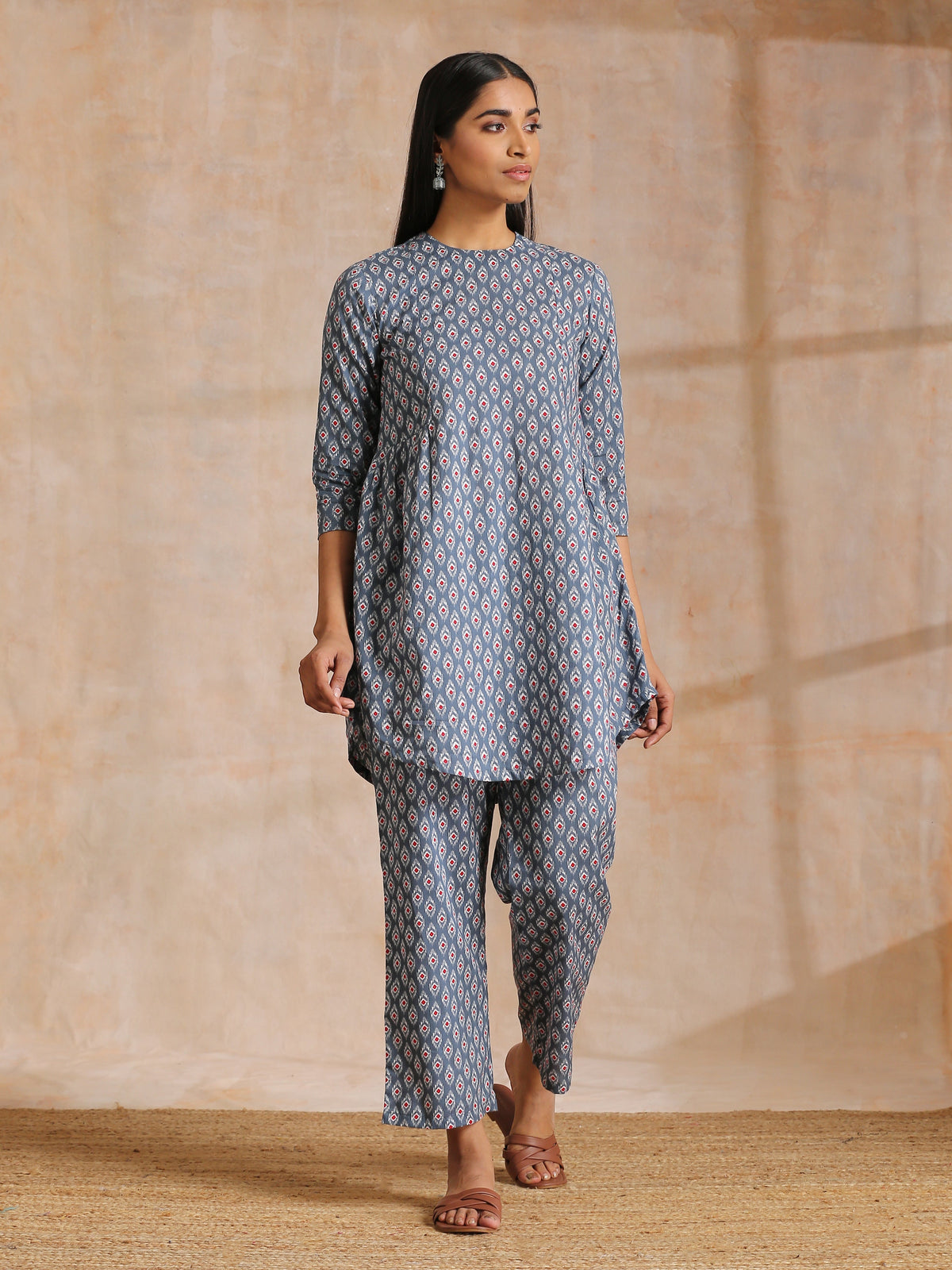 trueBrowns Steel Grey Ikat Print Cotton Gathers Co-Ord Set | Grocsy