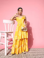 InWeave Women's Yellow Bandhani Motif Shoulder Tie Up Kurta Set | Grocsy
