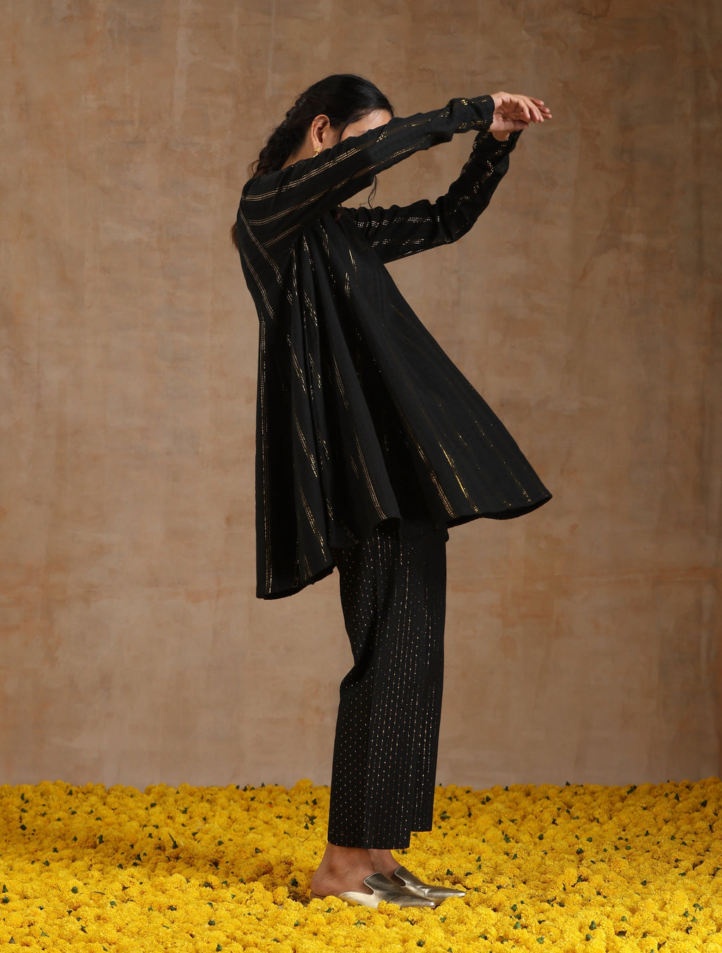 trueBrowns Black Gold Cotton Flared Co-Ord Set | Grocsy