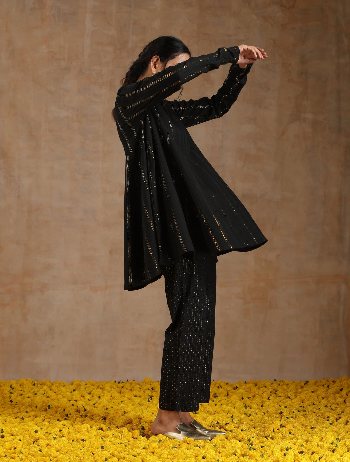 trueBrowns Black Gold Cotton Flared Co-Ord Set | Grocsy