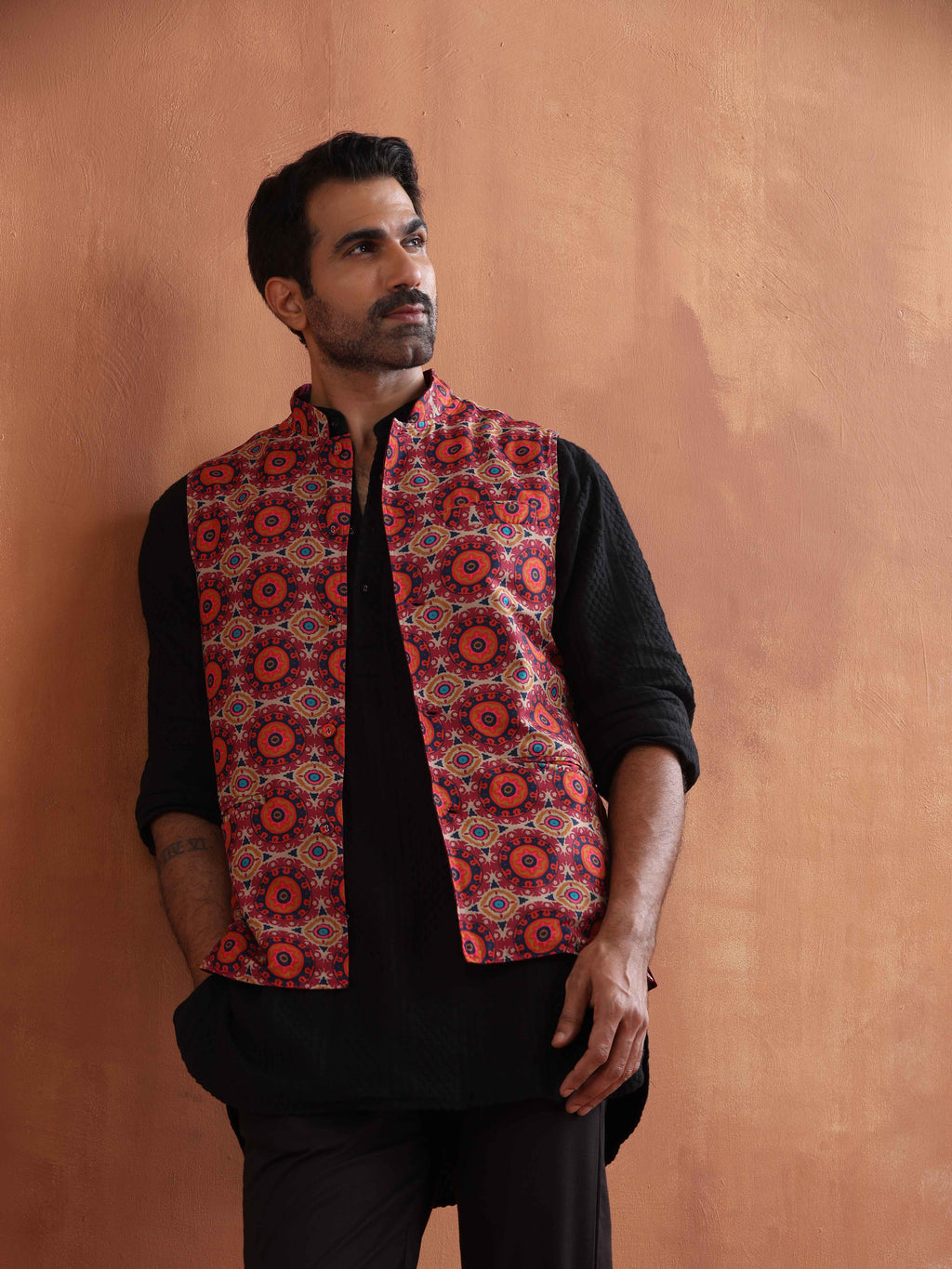 trueBrowns Men's Beige Printed Nehru Jacket | Grocsy