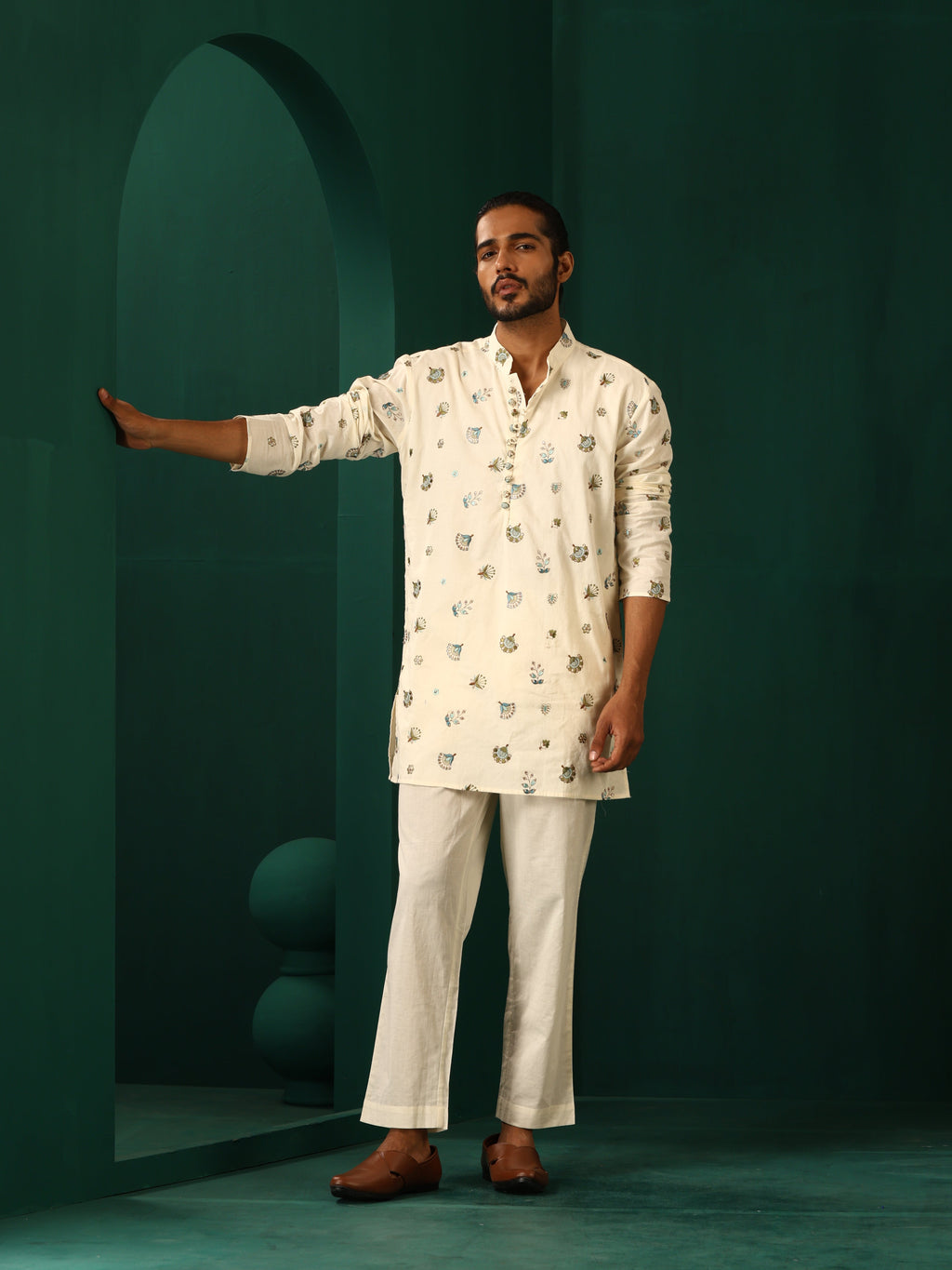 trueBrowns Men's Ivory Blue Multi color Floral Cotton Co-ord Set | Grocsy