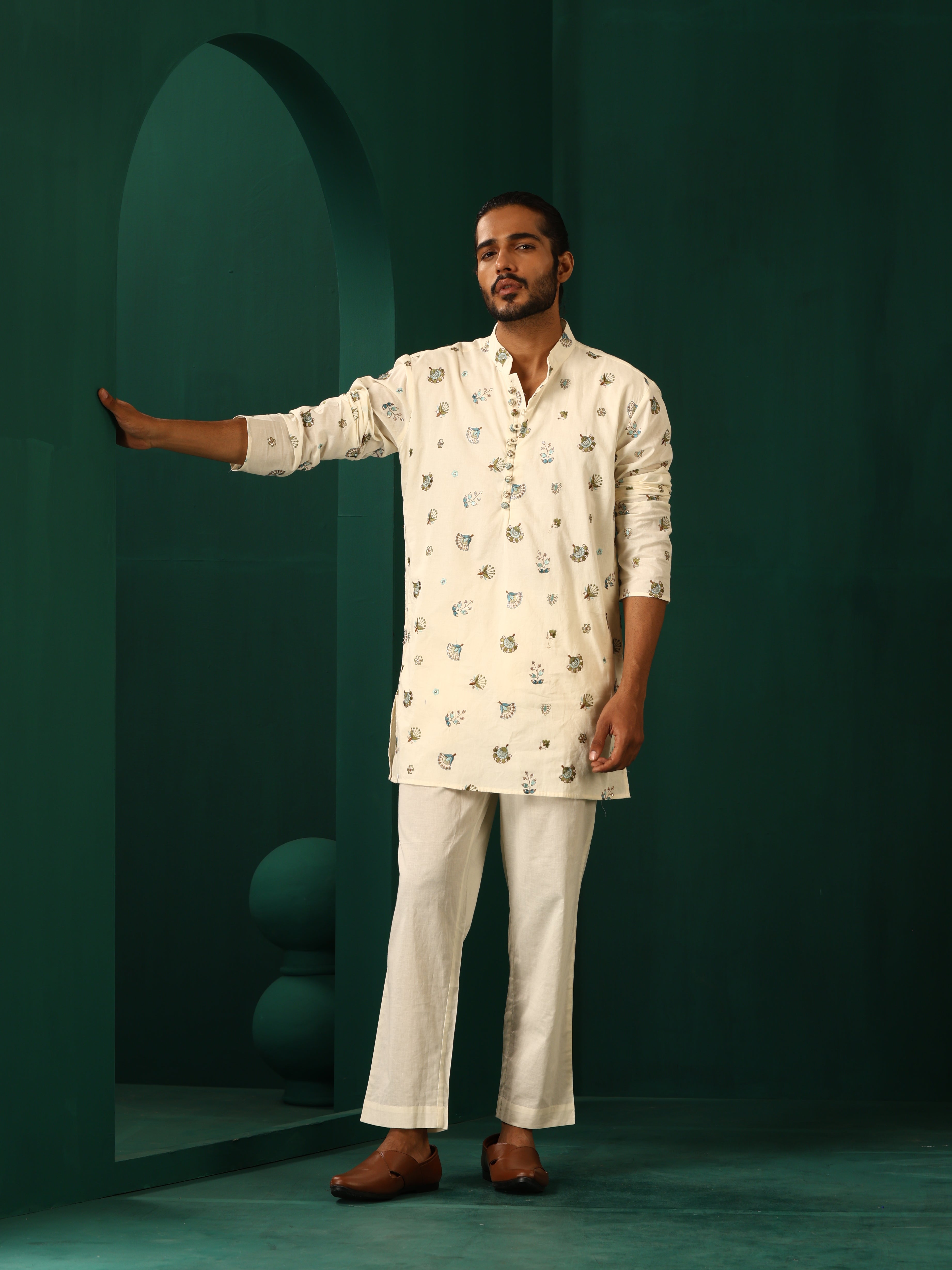 trueBrowns Men's Ivory Blue Multi color Floral Cotton Co-ord Set | Grocsy