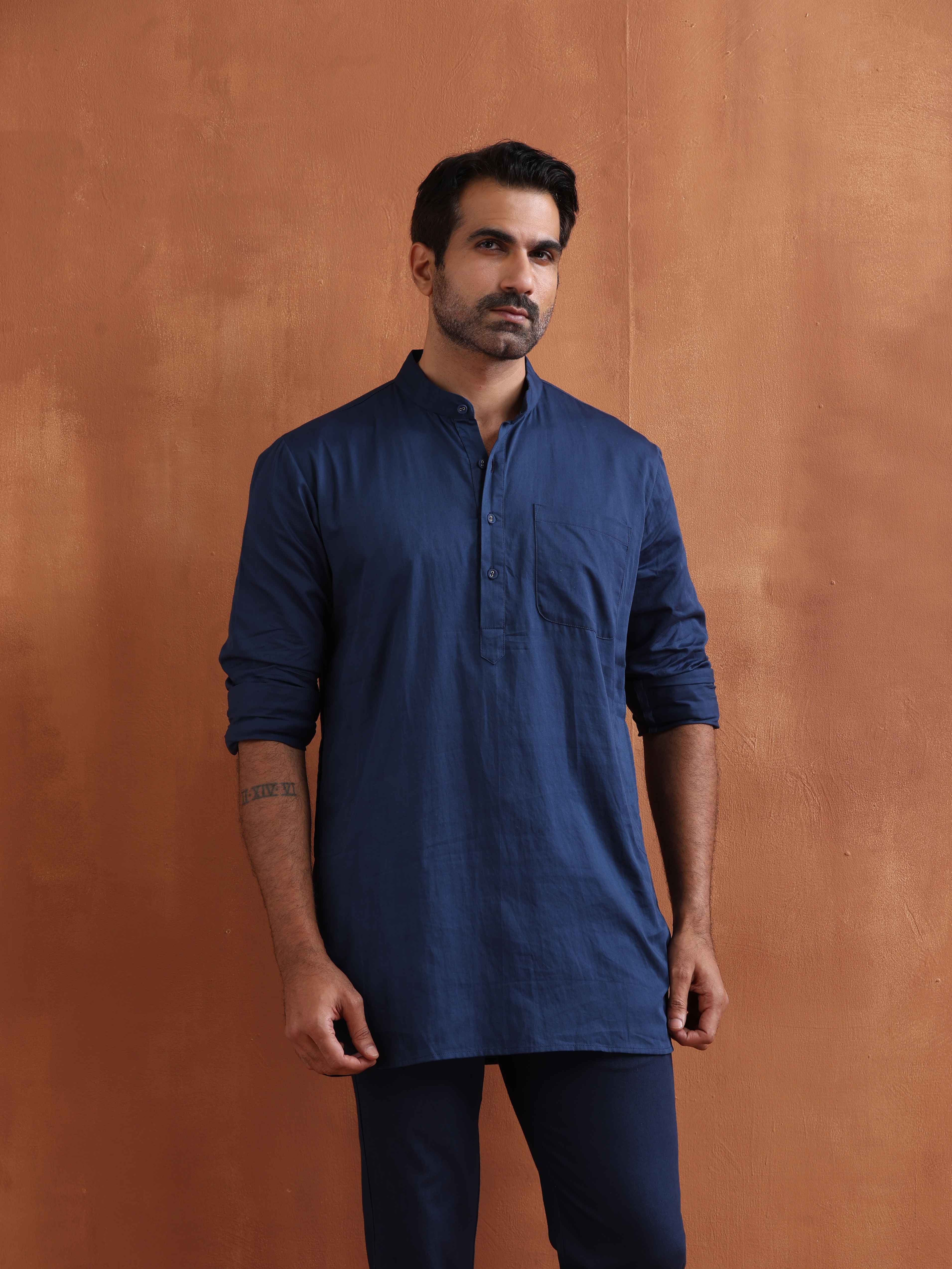 trueBrowns Men's Blue Cotton Short Kurta | Grocsy
