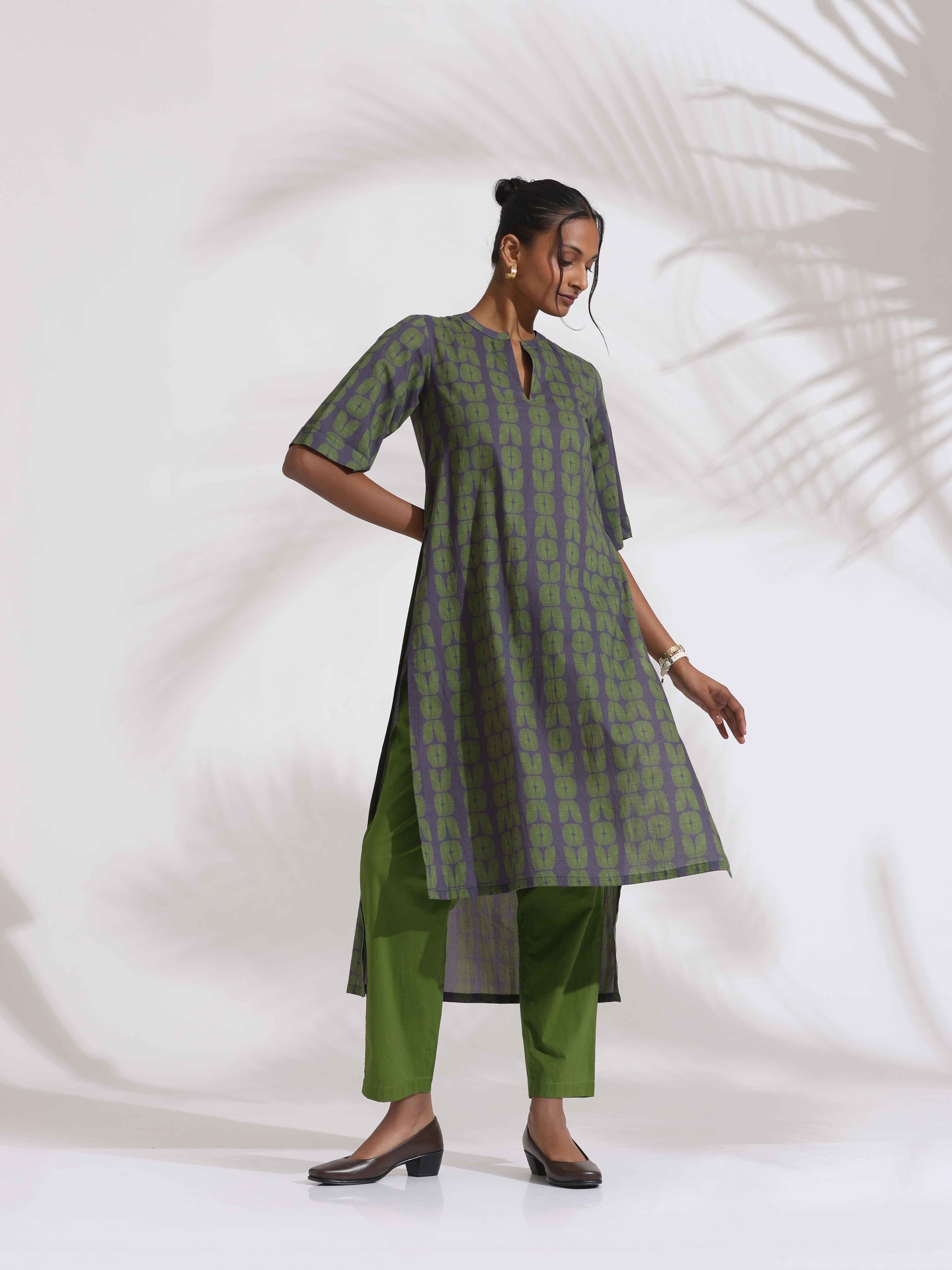 trueBrowns Grey Cotton Print Highlow Kurta Set | Grocsy