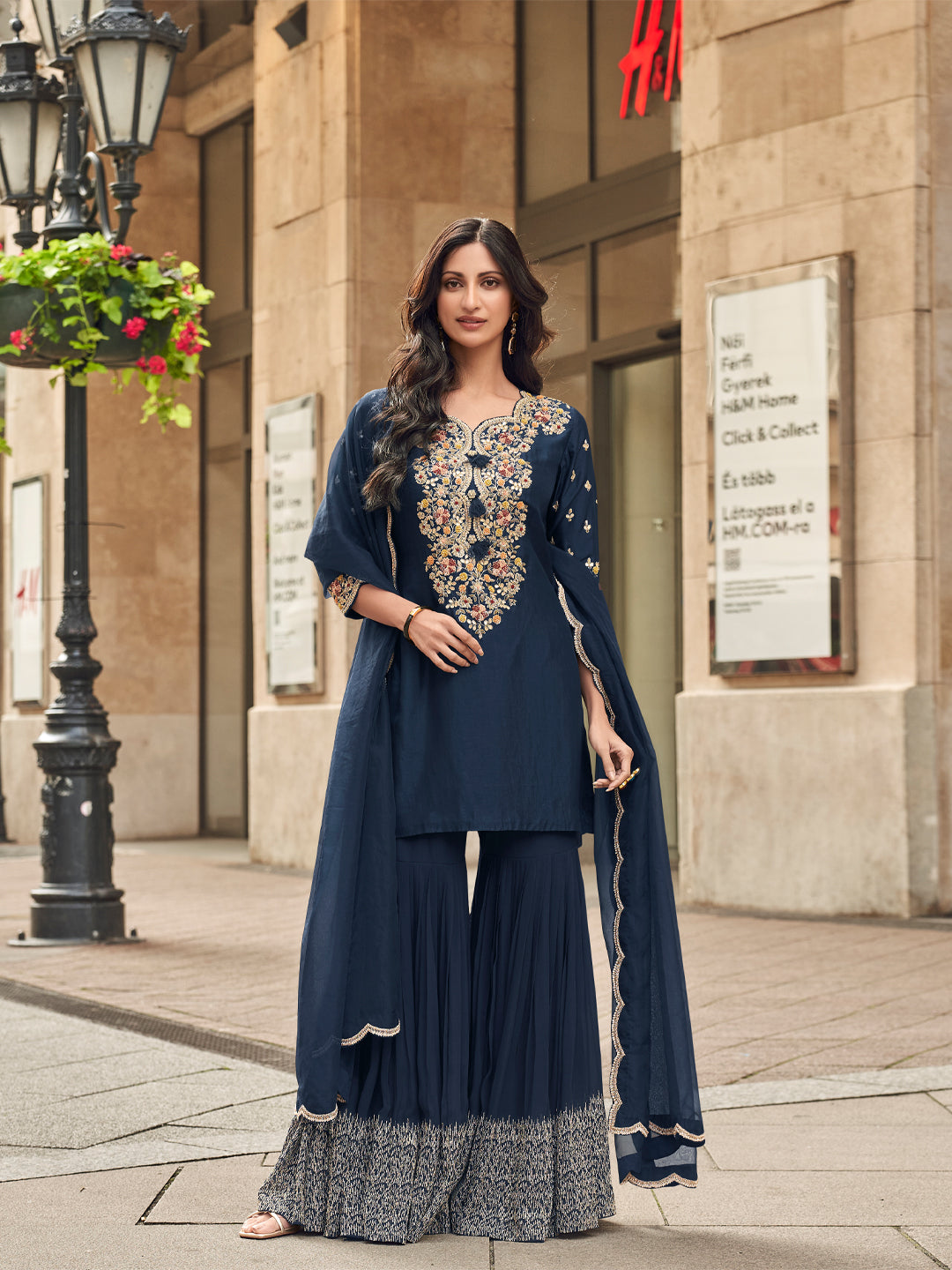 Evanik Women Navy Blue Floral Embroidered Kurta Sharara Dupatta Set | Grocsy