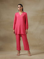 trueBrowns Pink Bandhani Printed Silk Gathered Sleeve Co-Ord Set | Grocsy
