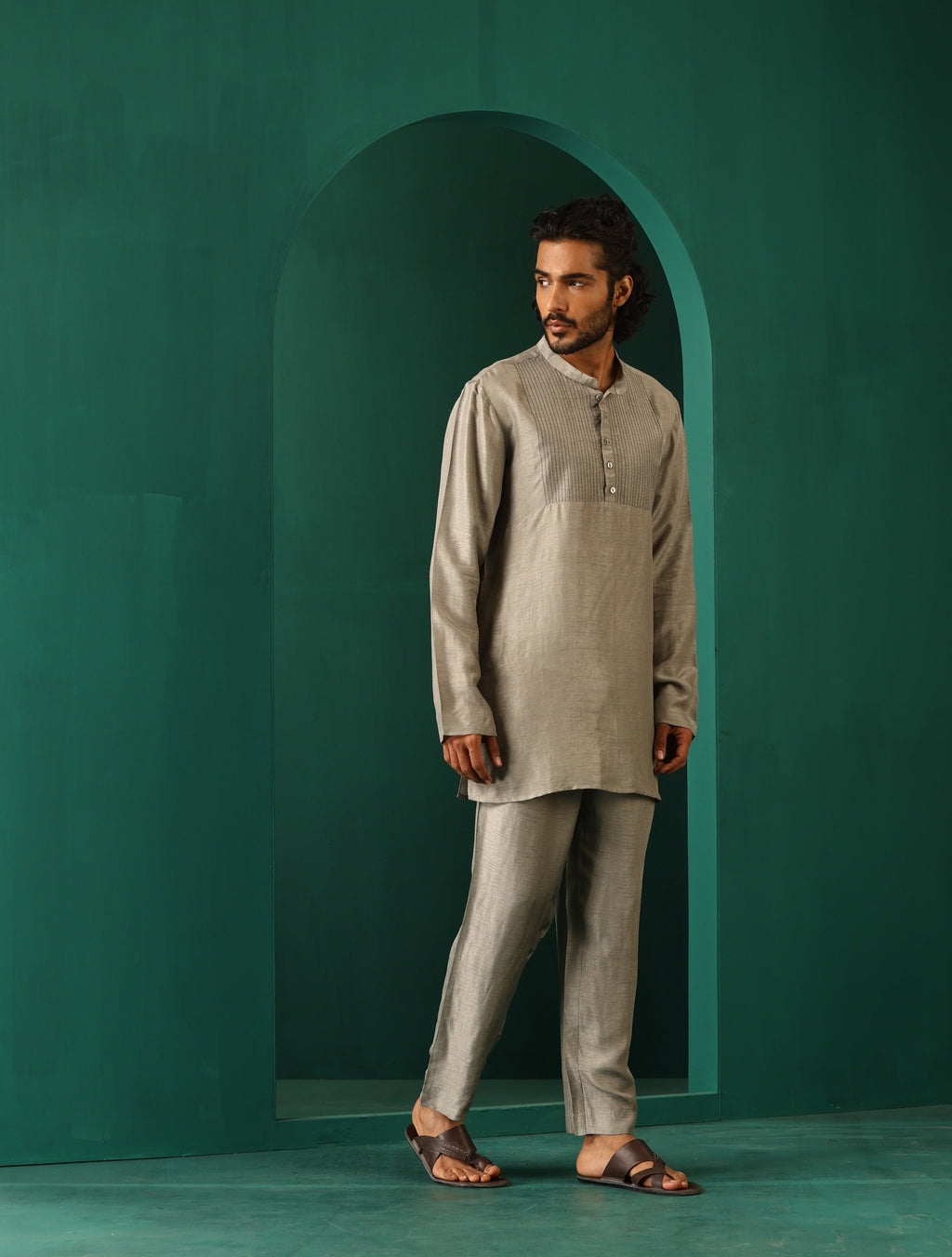 trueBrowns Men's Grey Silk Co-ord Set Yoke Detail | Grocsy
