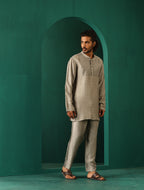 trueBrowns Men's Grey Silk Co-ord Set Yoke Detail | Grocsy
