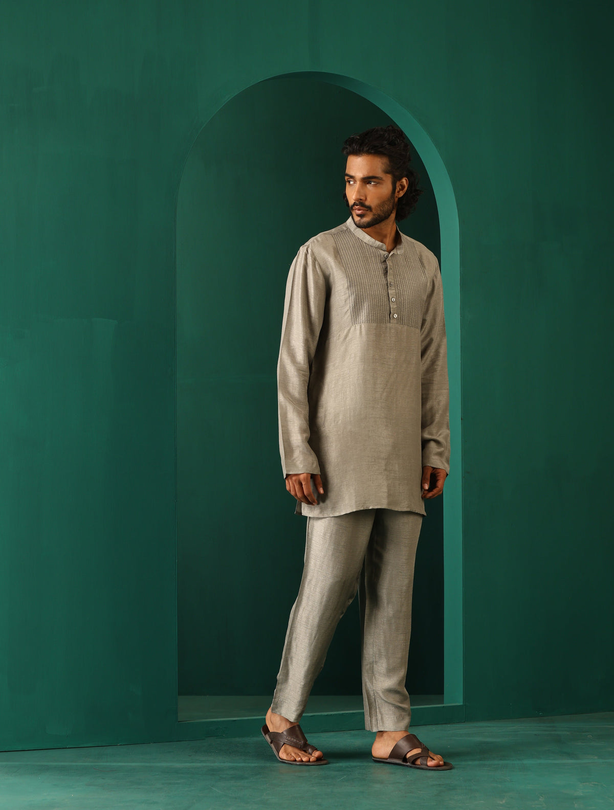 trueBrowns Men's Grey Silk Co-ord Set Yoke Detail | Grocsy