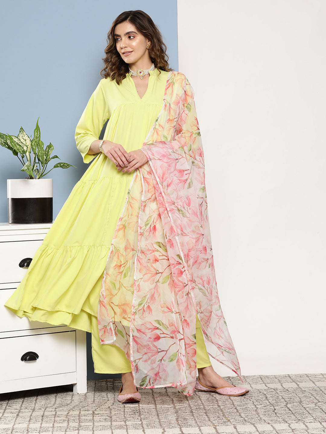 InWeave Women's Lime Green Tiered Anarkali Kurta Set | Grocsy