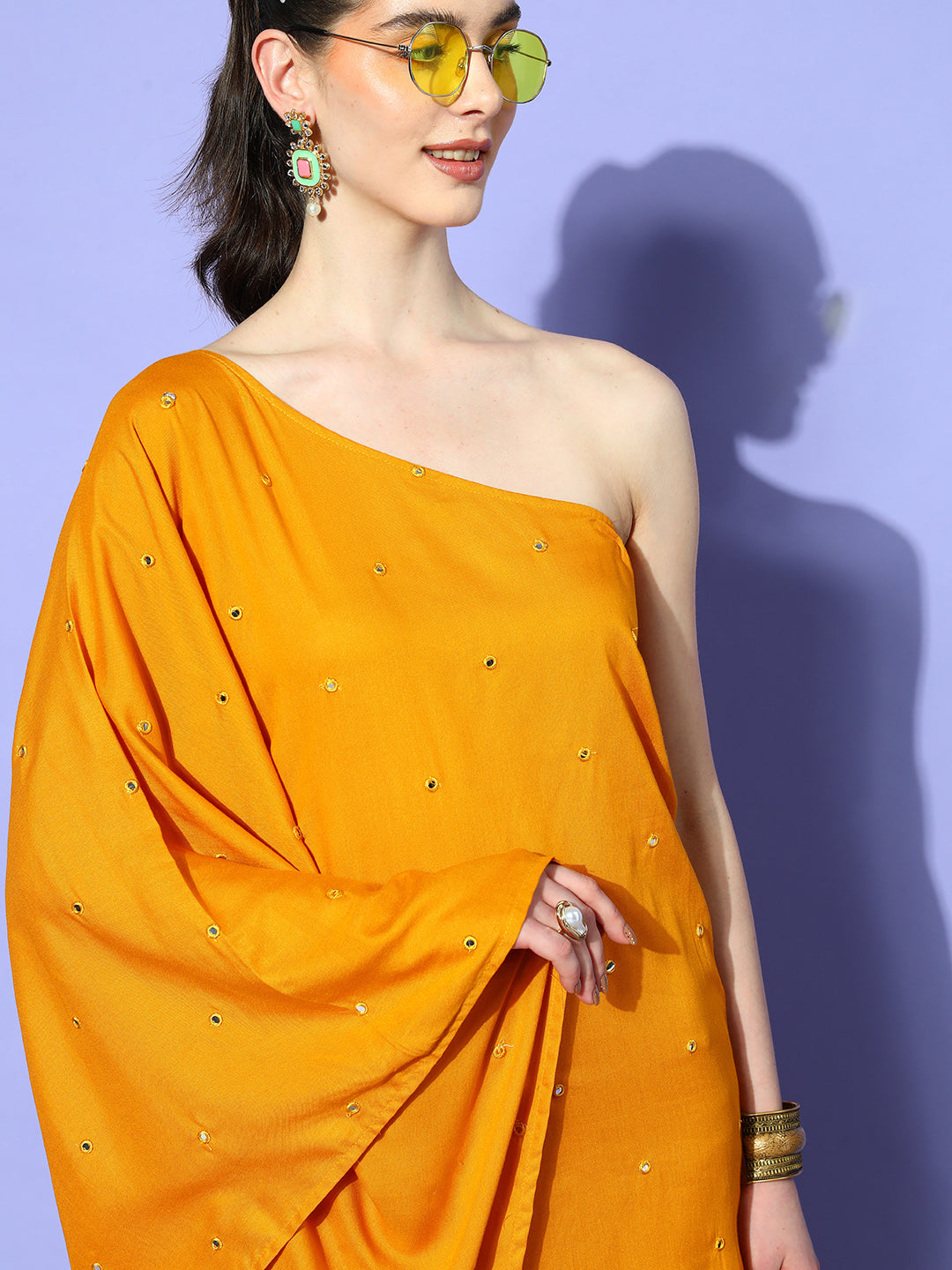 InWeave Women's Mustard Mirror Work One Shoulder Kurta Set | Grocsy