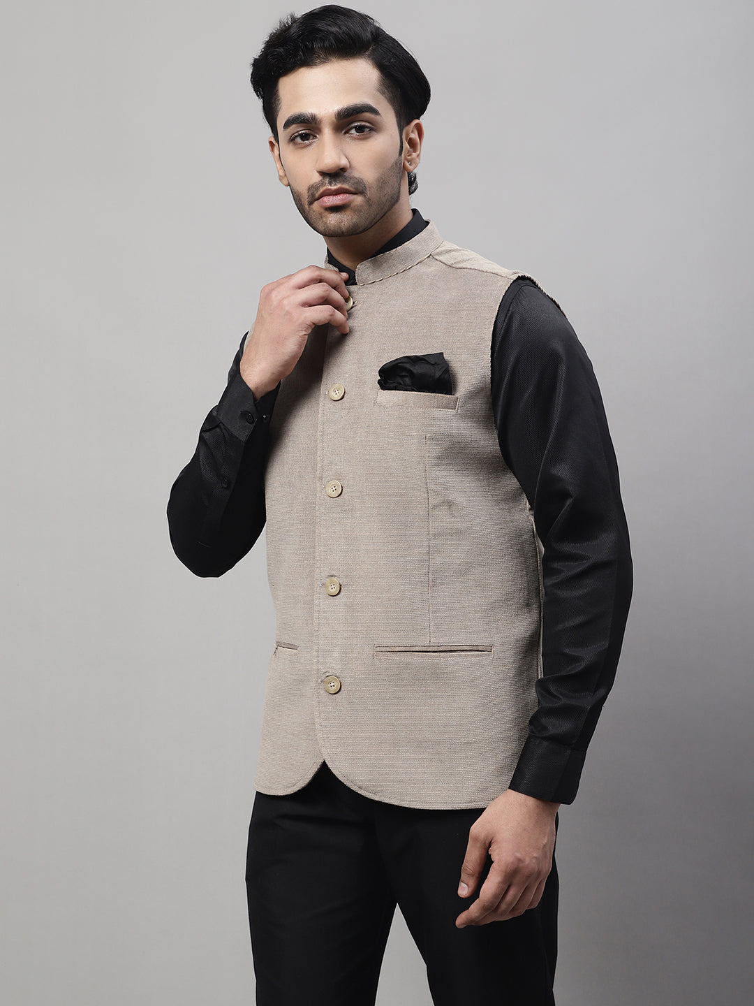 Even Apparels Men's Beige Nehru Jacket With Welt Pockets | Grocsy