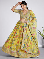 House of Panchhi Mustard Colour Organza Floral Design Digital Print Lehenga Choli & Dupatta | Grocsy
