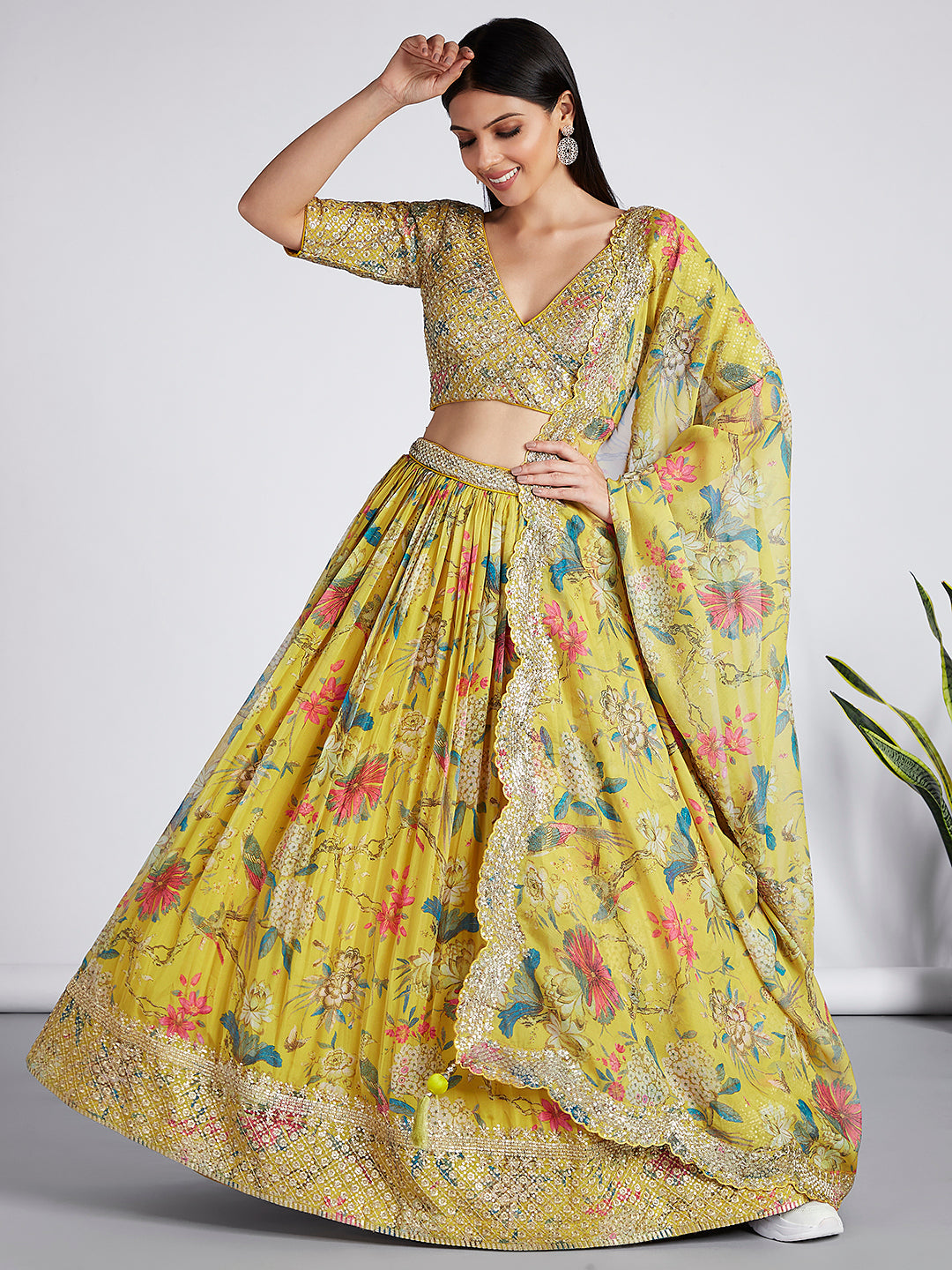 House of Panchhi Mustard Colour Organza Floral Design Digital Print Lehenga Choli & Dupatta | Grocsy