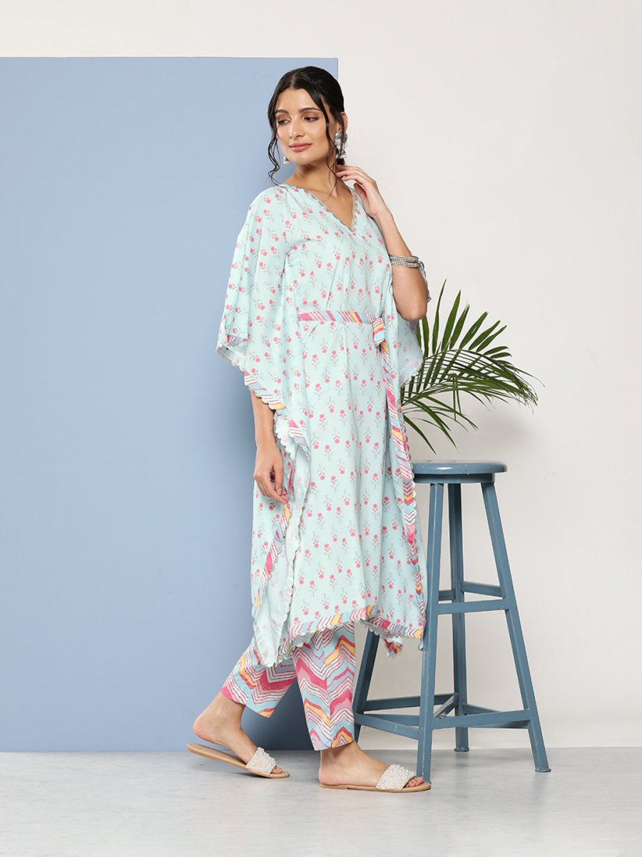 Ahalyaa Women Sea Green Floral Printed Gotta Patti Kurta with Trousers | Grocsy