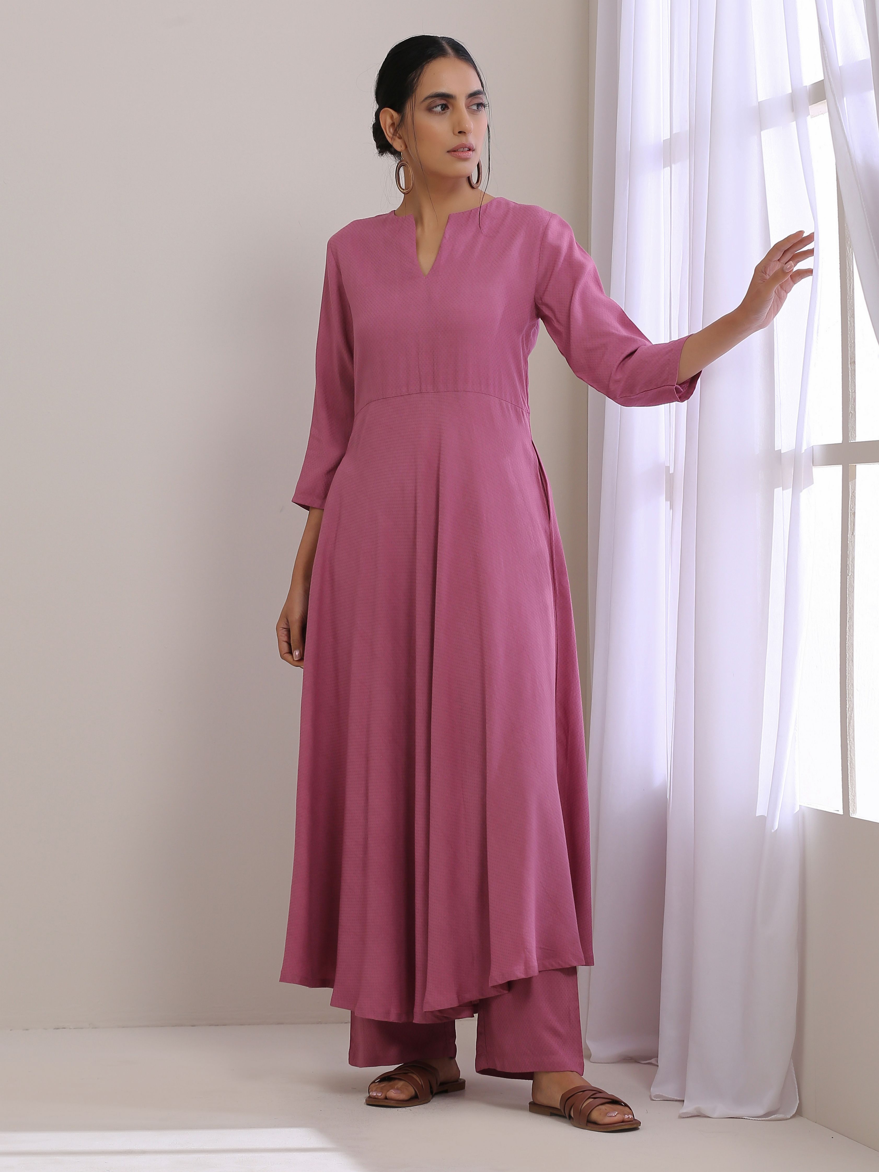 trueBrowns Onion Pink Dobby Anarkali Pant Set | Grocsy