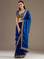 Tulsi Art Dazzling Blue Embroidered Silk Festive Wear Saree With Blouse | Grocsy