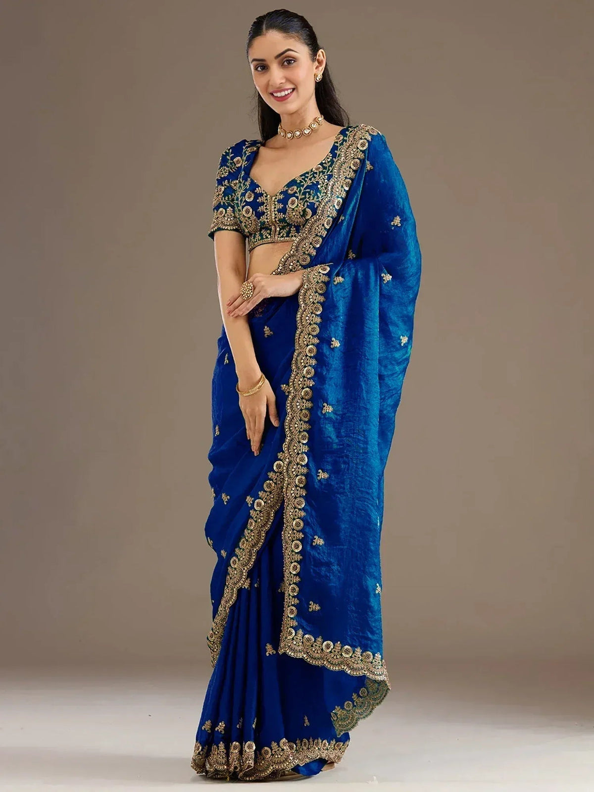 Tulsi Art Dazzling Blue Embroidered Silk Festive Wear Saree With Blouse | Grocsy
